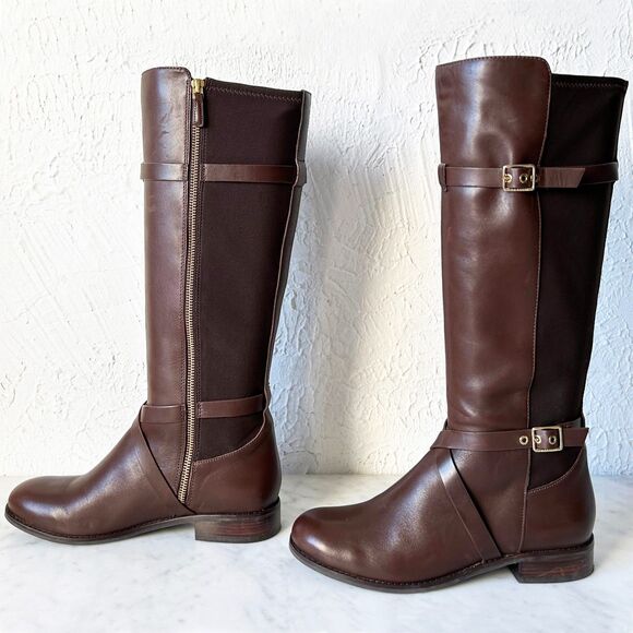 Cole Haan Knee High Riding Boots Brown Leather & Fabric Panel - Women's 7.5B - Picture 5 of 9